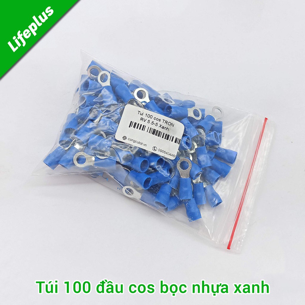 Túi 100 đầu cos tròn RV bọc nhựa xanh