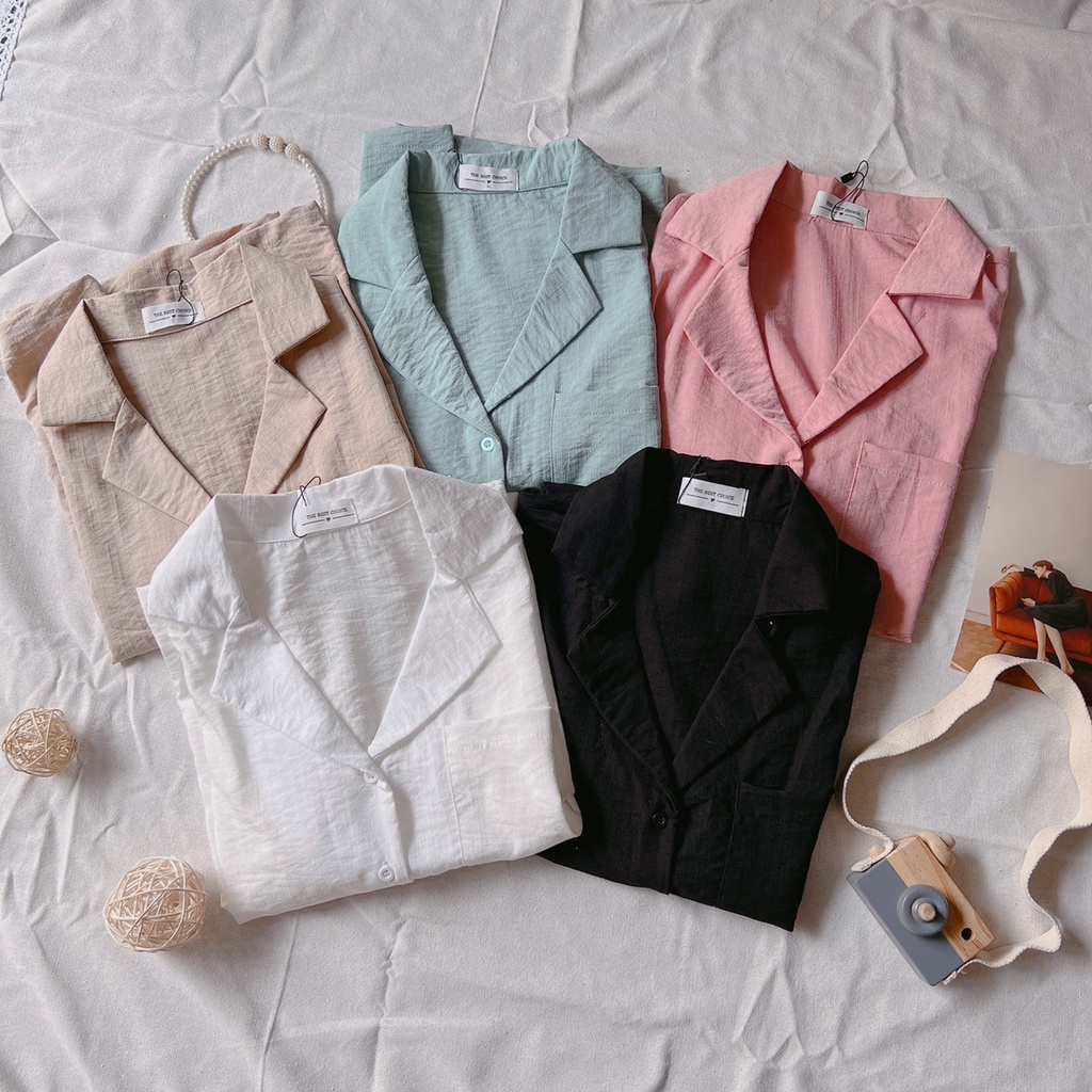 LOVI SHOP - Áo sơ mi cổ vest nữ tay lửng chất đũi 6 màu Áo tay lỡ cổ bẻ khuy cài form rộng dáng suông Lovi