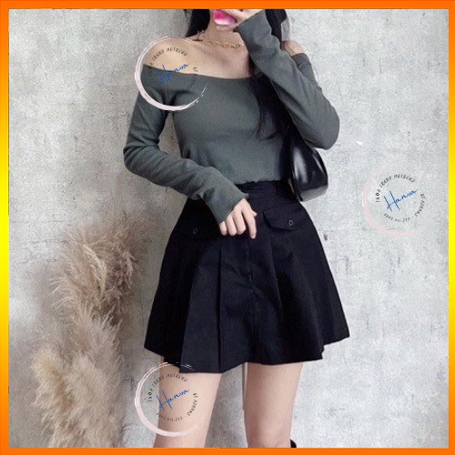 Chân Váy Ngắn Xếp Li Chất KaKi Mềm Cạp Cao Dáng Chữ A Túi Nắp Phía Trước Có Quần Trong Bảo Hộ Hanva