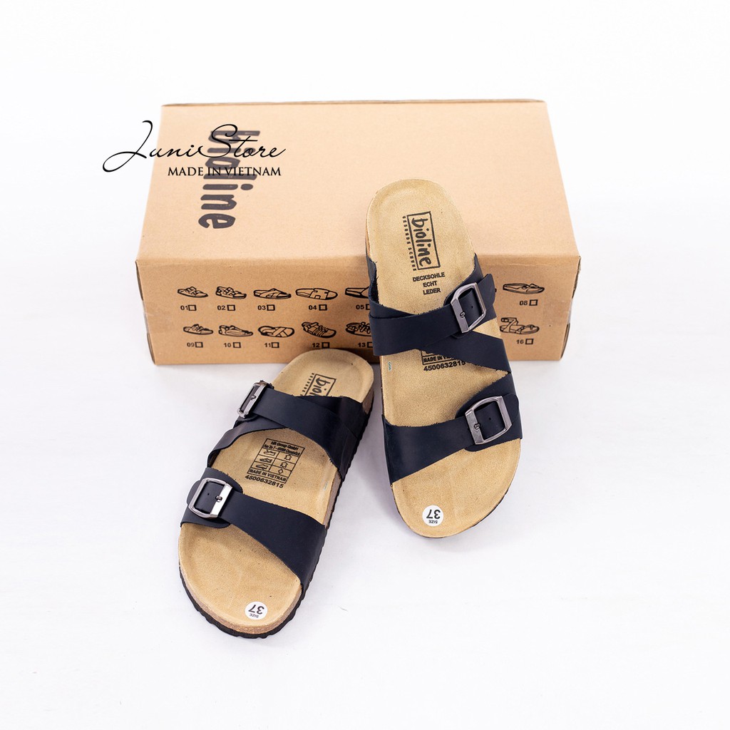 [DA BÒ THẬT] D25-Dép Sandal da bò Unisex quai chéo Birken Bioline (Đế trấu, da bò thật nguyên tấm) – Juni Store