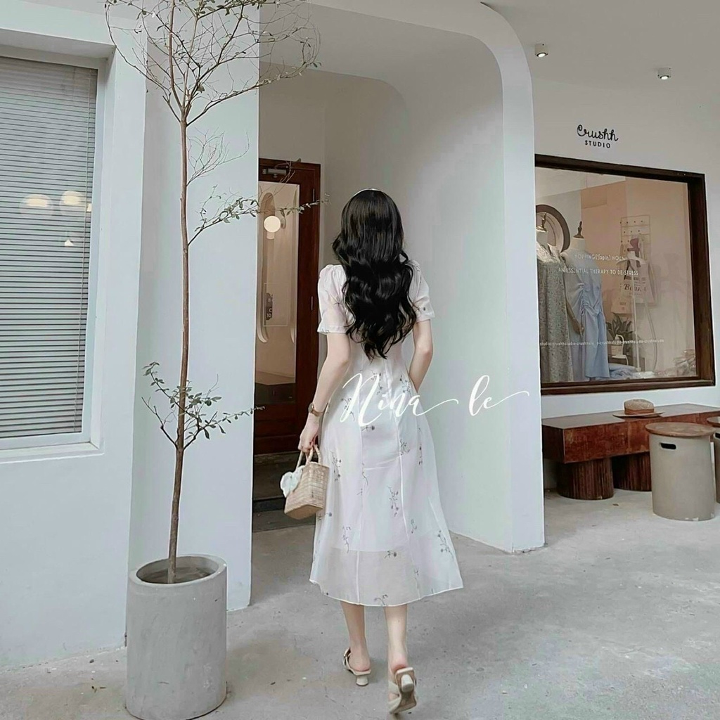 [8.8 Sales Freeship] Đầm công chúa tay phồng, đầm midi trắng xòe in hoa nhún ngực phối nút xẻ tà sang chảnh