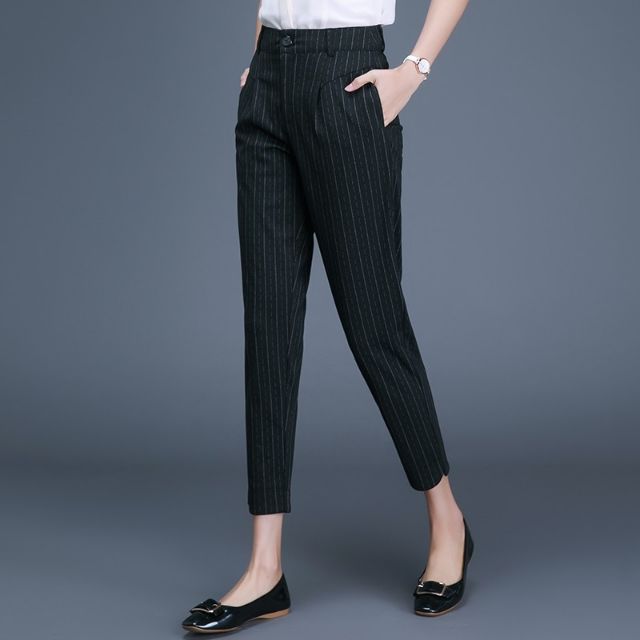 Quần tây công sở  nữ [HÀNG VNXK] kẻ dọc cạp to 6cm chất tuyết mưa co dãn nhẹ mặc siêu tôn dáng | BigBuy360 - bigbuy360.vn