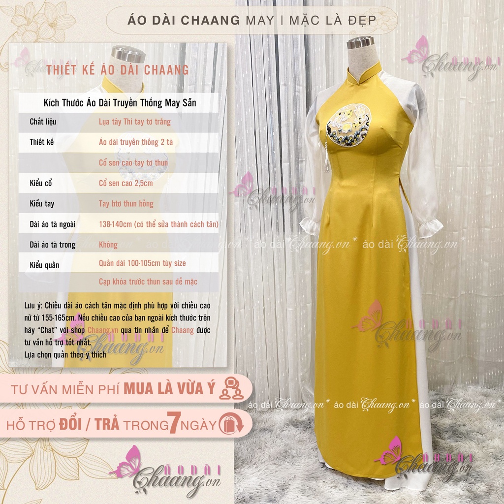 Áo dài cách tân nữ lụa tây thi vàng tay tơ nhũ CHAANG May thiết kế họa tiết dự tiệc lễ tết đẹp