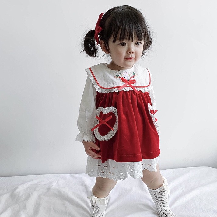 Set váy đầm yếm đỏ hình thỏ cho bé gái