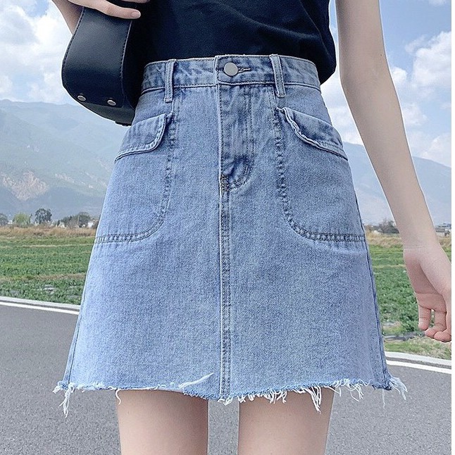 Chân váy jean cap cao tua gấu kèm quần trong _V32