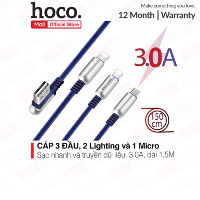 Cáp sạc Nhanh HOCO U17 2Lightning+1 Micro truyền dữ liệu và sạc nhanh 3.0A, đầu USB chữ L chống gãy gập, dài 1.5m