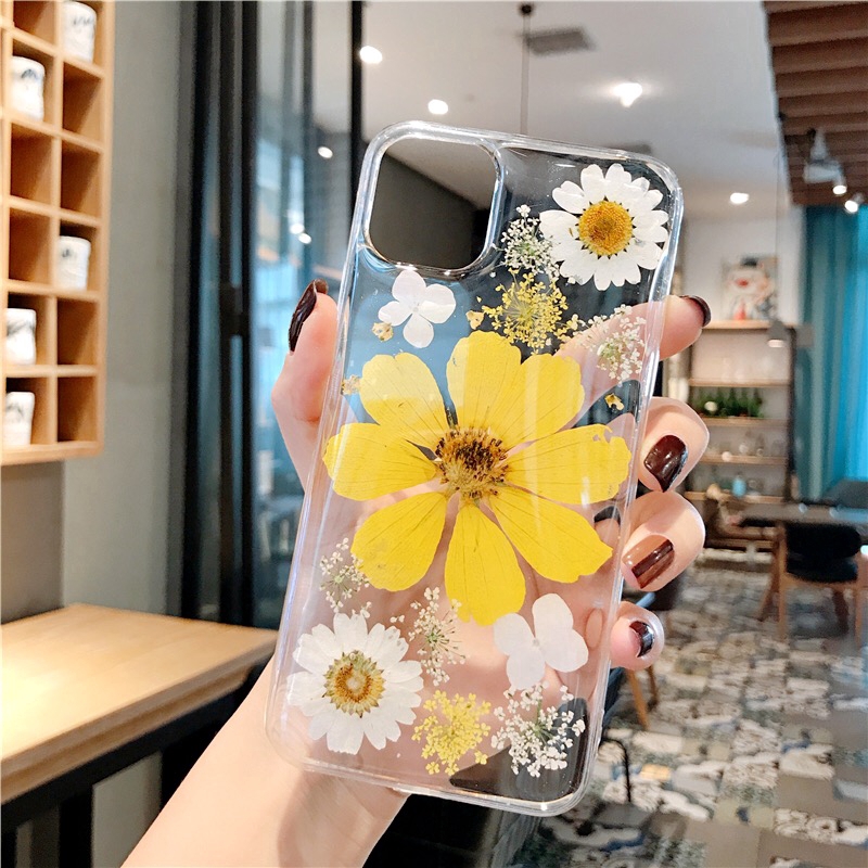 Ốp điện thoại TPU dẻo trong suốt epoxy ép hoa khô thật cho IPhone 12 Pro Max Mini 6 6S 7 8 Plus XS Max XR 11 Pro Max