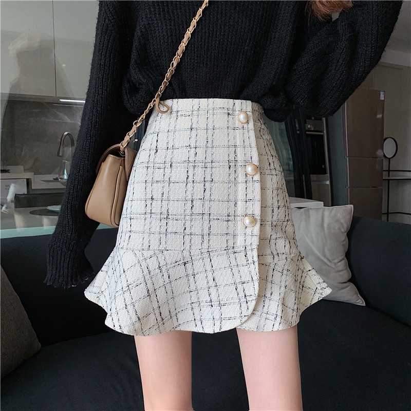 Chân Váy Dạ Tweed Cúc Ngọc Đuôi Cá Cách Điệu Phong Cách Hàn Quốc_ hàng ORDER