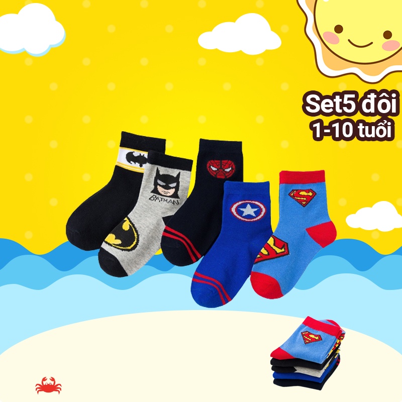 Tất cho bé trai set 5 đôi 1989KIDS vớ phù hợp trẻ em từ 1 đến 10 tuổi  cổ cao,ấm áp,họa tiết siêu nhân,siêu anh hùng