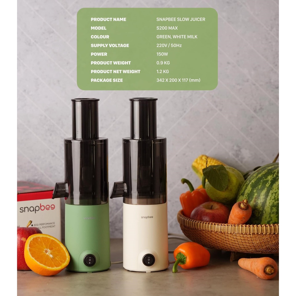Máy ép chậm SnapBee trái cây hoa quả S200 MAX 130W nhỏ gọn mạnh mẽ ép kiệt bã tháo lắp dễ dàng màu xanh BH 12 tháng