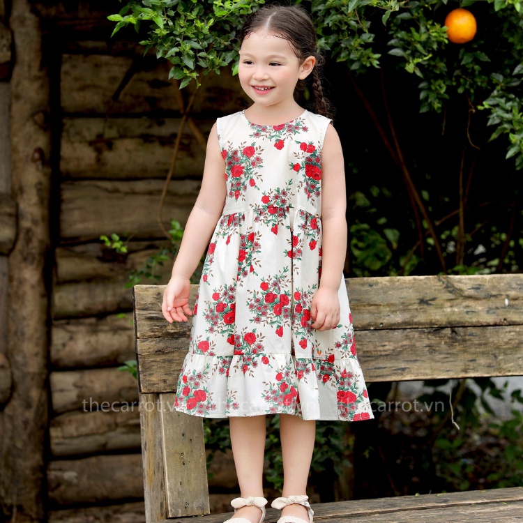 Váy Bé Gái Carrot Không Tay, Dáng Xòe, Hoa Tiết Hoa Hồng Leo, Chất Thô Cotton Thoáng Mát Thấm Hút Mồ Hôi