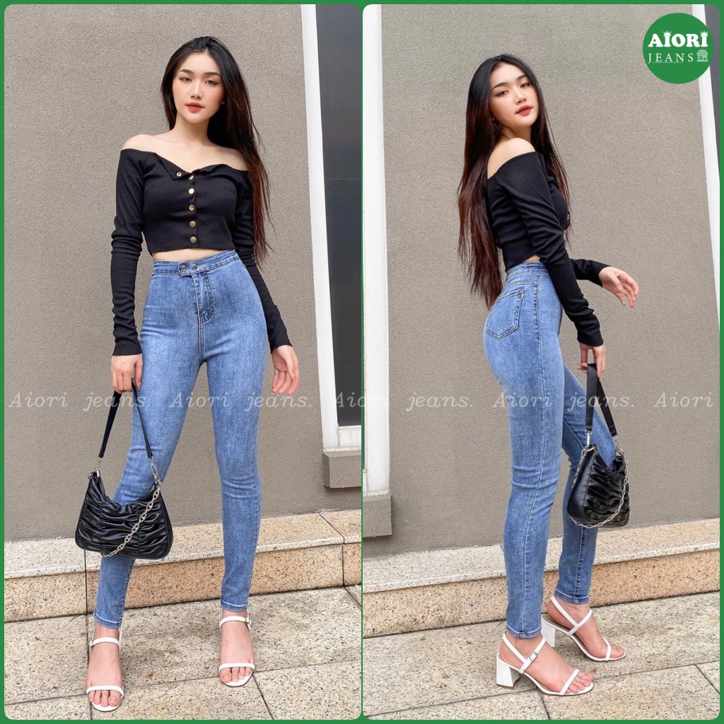 [SIÊU CO GIÃN]Quần Jeans Nữ AIORI dài lưng cao không túi 2 nút bấm 4 màu bò trơn skinny jeans ôm tôn dáng co giãn tốt