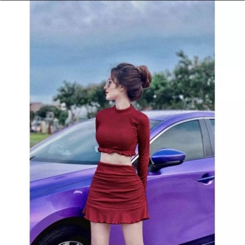 Sét áo croptop tay dài + Chân váy ôm body nhún đuôi cá