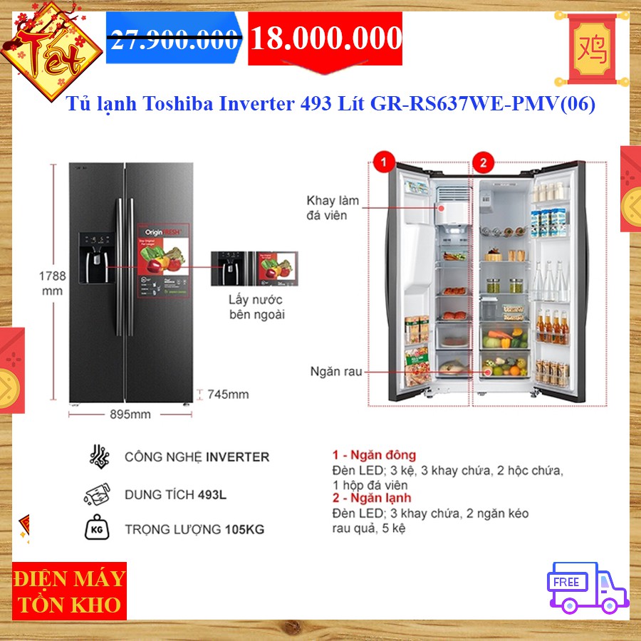 Tủ lạnh Toshiba Inverter 493 Lít GR-RS637WE-PMV(06)