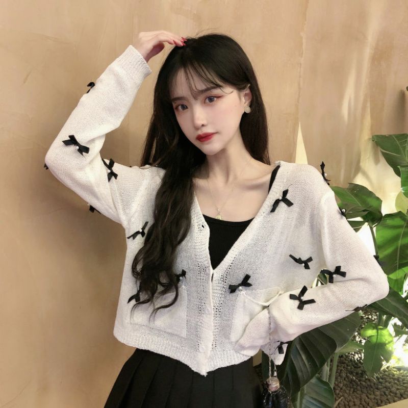 Áo Khoác Cardigan Thun Len Nữ Tay Dài Đính Nơ Siêu Dễ Thương