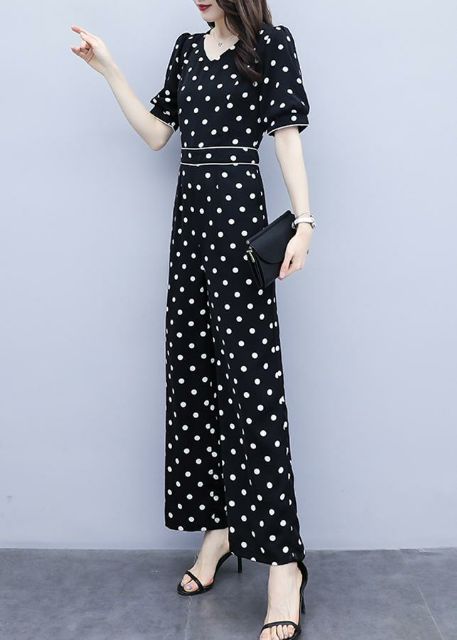 Jumpsuit dài chấm bi viền trắng - SPR