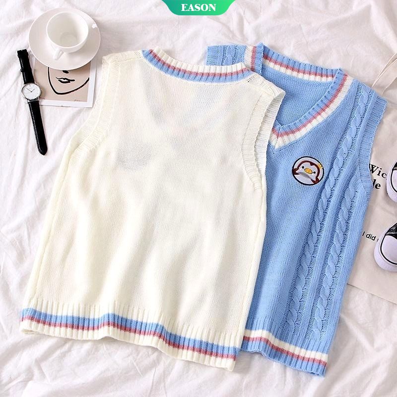 Áo Len Không Tay Họa Tiết Chim Cánh Cụt Dễ Thương Thời Trang Thu Đông Cho Nữ