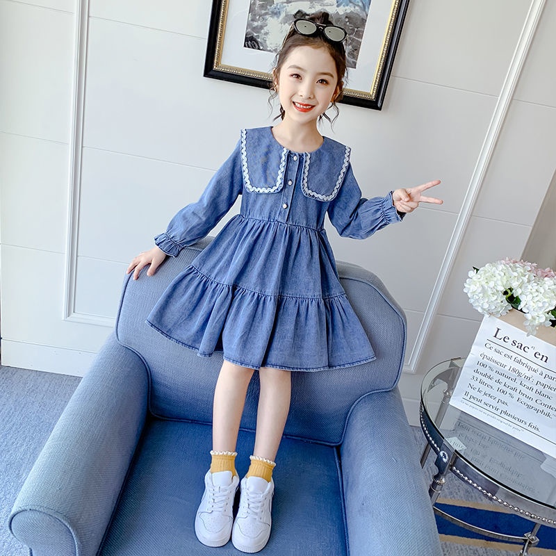 Mới Đầm Denim Dài Tay Thời Trang 2022 Dành Cho Bé Gái