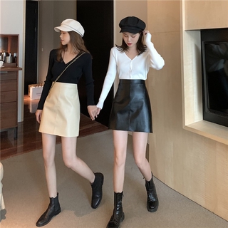 「HOME5」Ảnh thật ~ Váy da PU mỏng eo cao phiên bản Hàn Quốc mới
