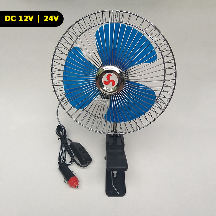 Quạt kẹp ô tô 12v 24v xoay 360 độ có đảo chiều 8 inch 3 cánh