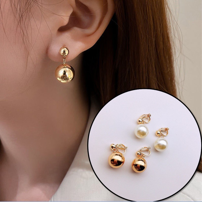 Bông tai tròn đính ngọc trai nhân tạo không xỏ lỗ cho nữ