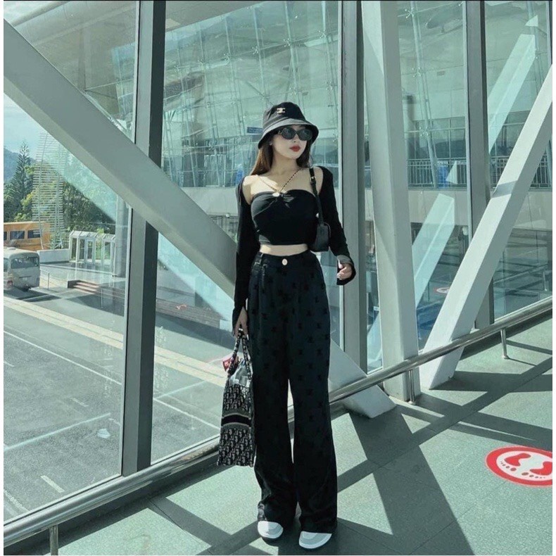 Set áo nơ ngực dây xích, áo croptop nơ ngực ôm body A1991