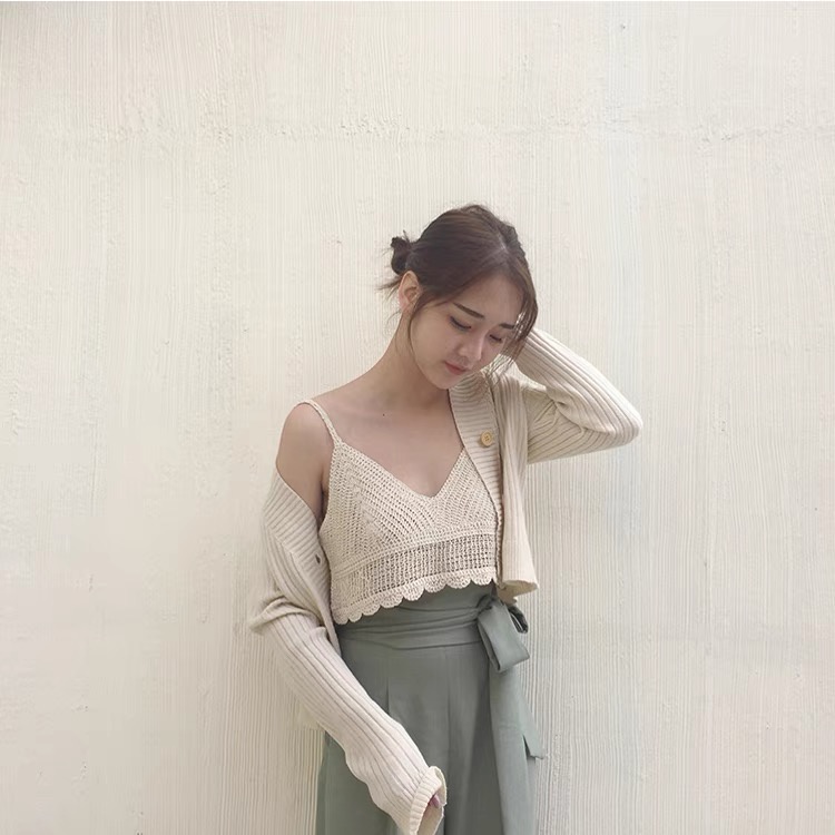MS402 Áo 2 dây lưới đi biển, áo đan móc mix váy áo