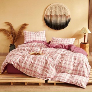 Bộ Chăn Ga Gối Cotton Tici Kẻ Caro Hồng