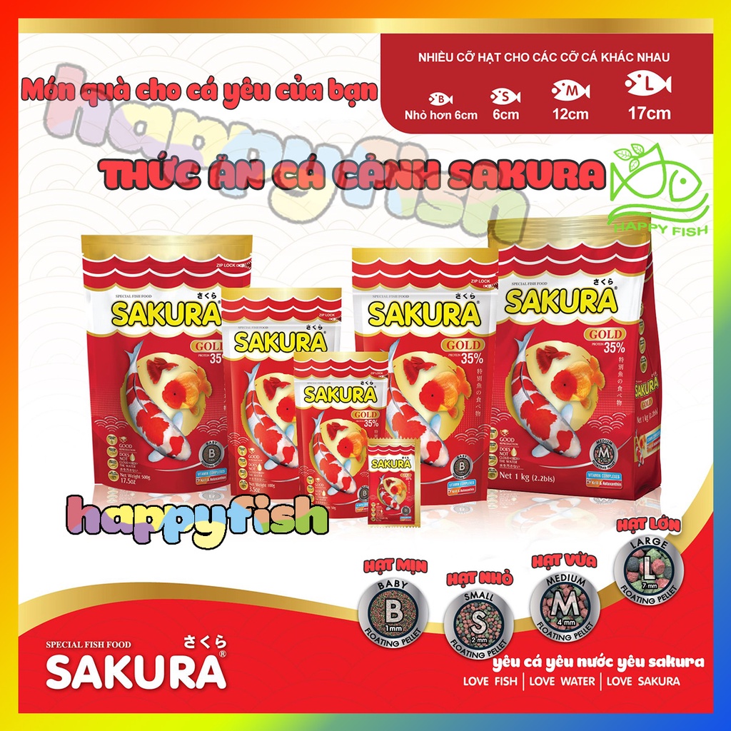 Thức ăn cá Sakura Gold - Cám cá Sakura Gold Túi 500gr 100gr, Size hạt M S B