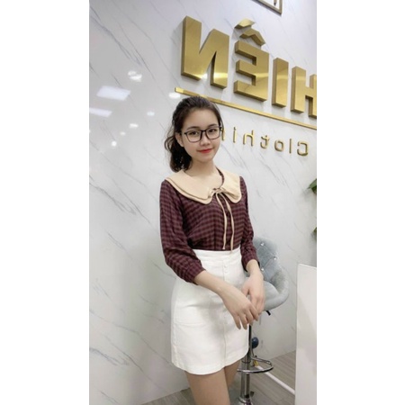 Áo sơ mi kẻ cổ sen nơ nhỏ nhiều màu chất thô mềm