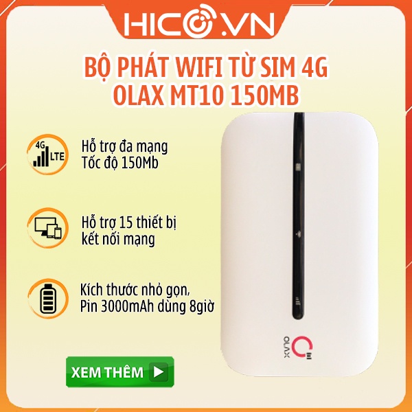 Bộ Phát Wifi Từ Sim 4G Olax MT10 - Dung Lượng Pin 3000mAh, Tốc Độ Cao 150Mbps, Kết Nối 10 Thiết Bị, Nhỏ Gọn, Đẹp Mắt