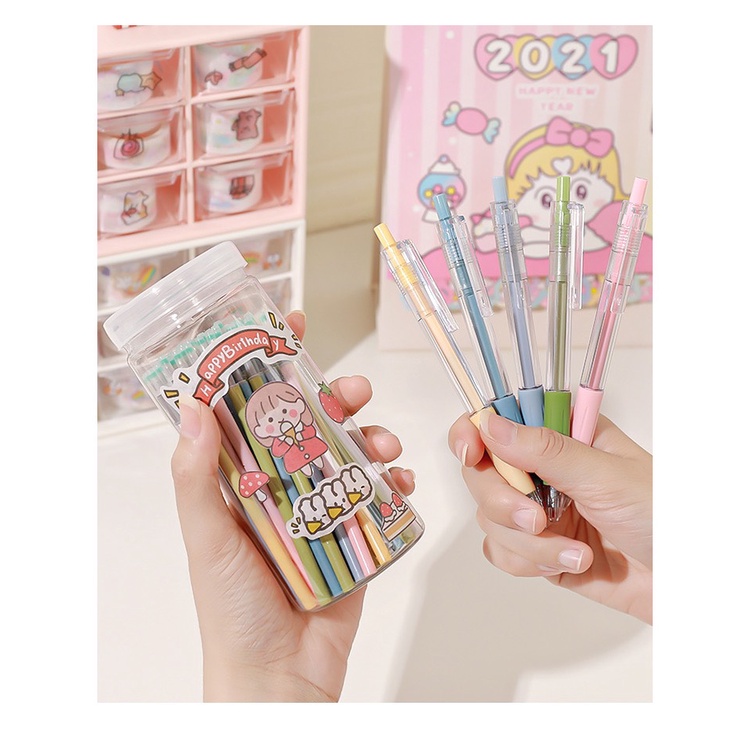 Set 50 ngòi bút viết mực nước đen tặng kèm túi zip đựng bút và sticker dán văn phòng phẩm dễ thương Tom House