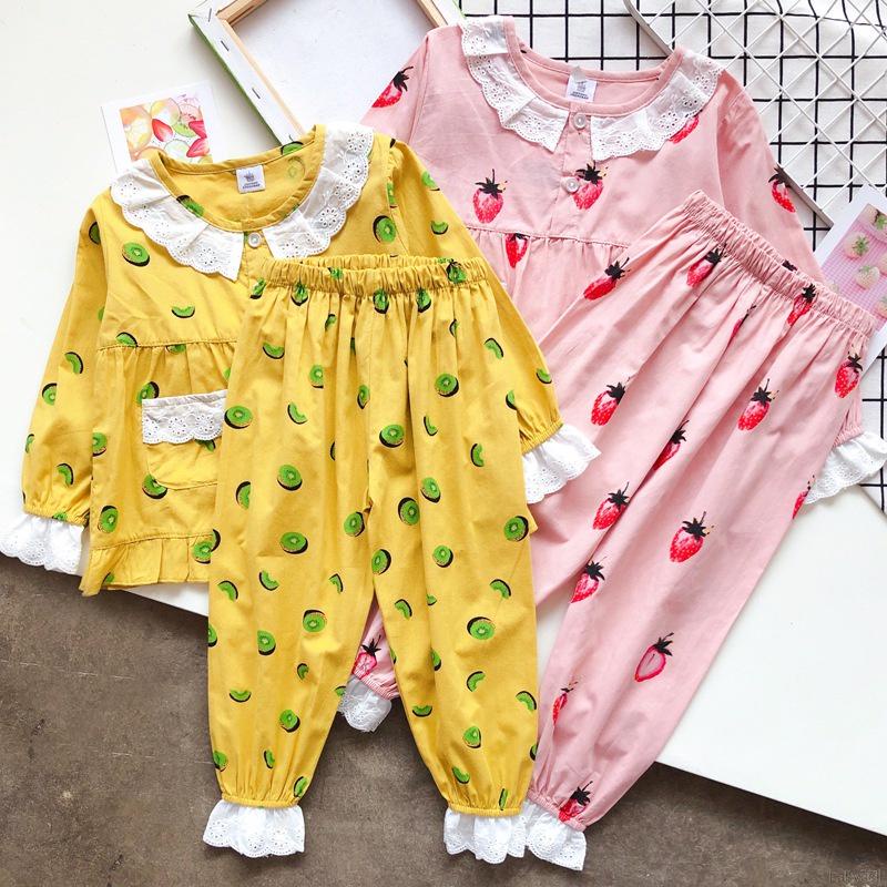 Bộ đồ ngủ 2 món gồm áo tay dài + quần dài bằng cotton thoáng khí in họa tiết trái cây dễ thương cho bé gái