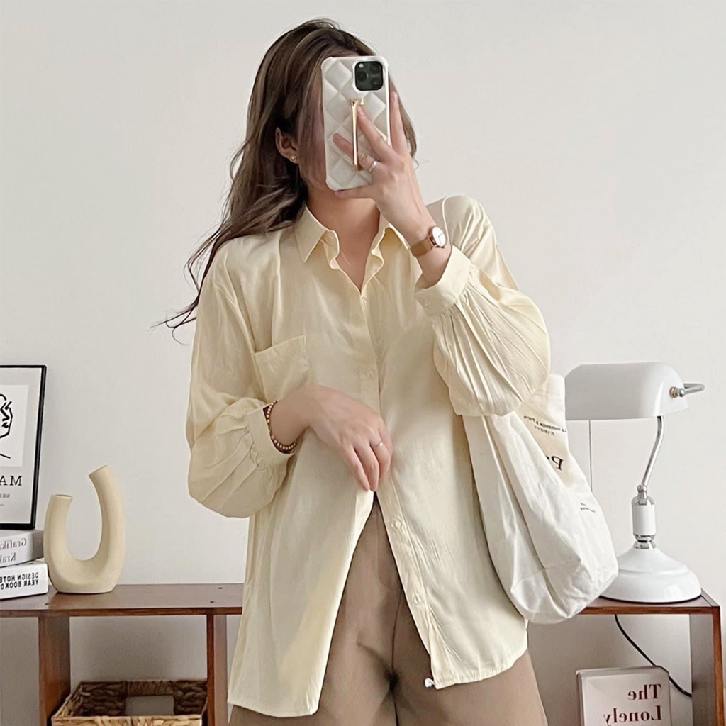 Áo sơ mi Hàn Quốc dáng rộng chất lụa nhiều màu tay xếp ly Ulzzang - Ảnh thật