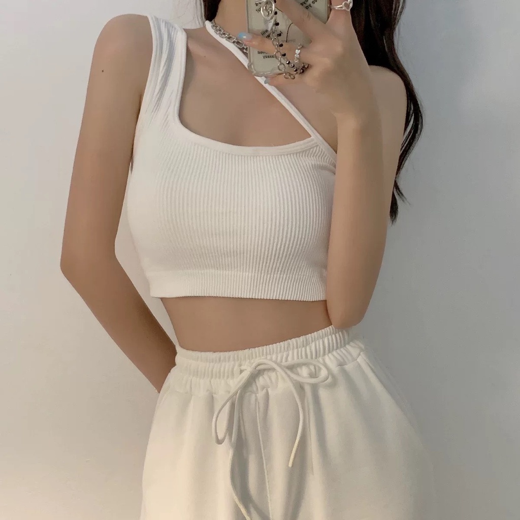 Áo croptop hai dây hở vai lệch kèm đệm mút dễ phối đồ sexy năng động chất thun tăm co giãn 4 chiều hàng Quảng Châu AN08 | BigBuy360 - bigbuy360.vn