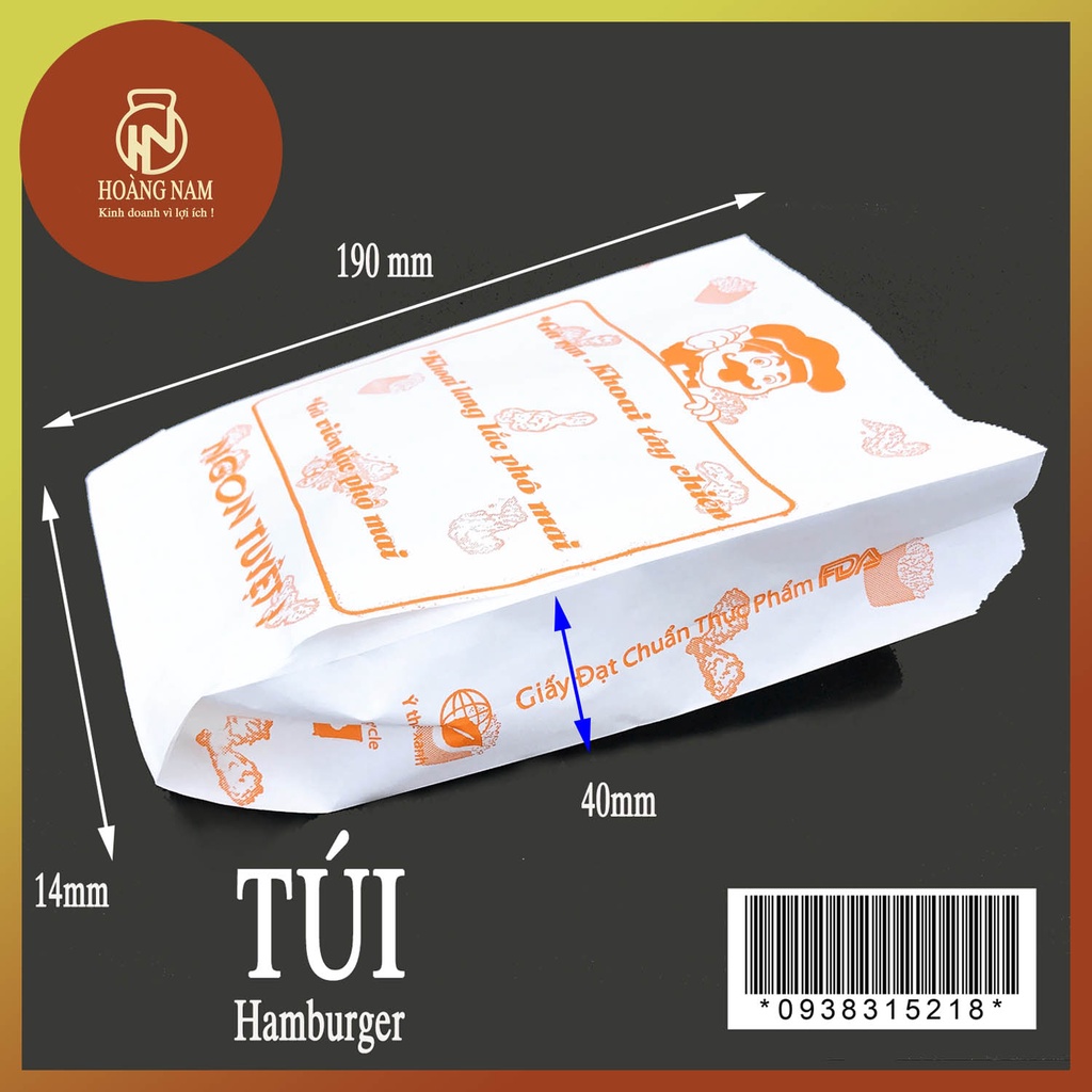 Túi Giấy Hamburger 190 x140 x 40mm giấý thấm dầu loại đạt chuẩn thực phẩm FDA