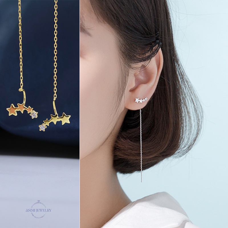 Đôi bông tai bạc mạ vàng dây dài chuỗi ngôi sao nữ tính Asimi, bông tai dài ngôi sao cao cấp quyến rũ Yeallow Star KT21