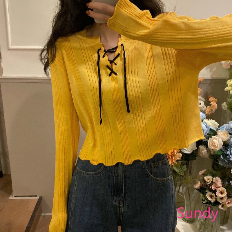 Áo Dệt Kim Dài Tay Phối Dây Rút Thời Trang Mùa Thu Hàn Quốc Dành Cho Nữ