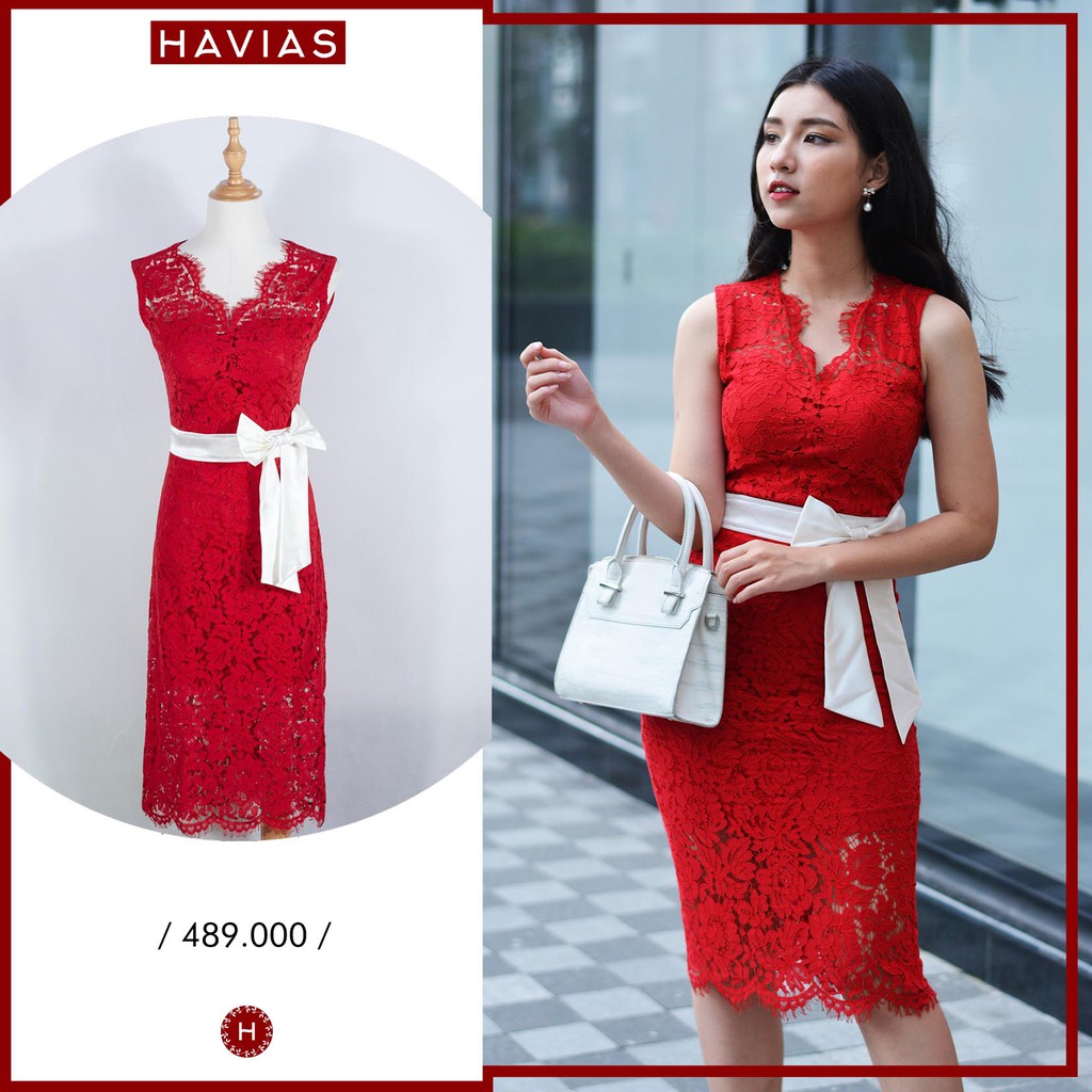 Đầm nữ HAVIAS thiết kế 2 lớp có nơ vải Ren đỏ cao cấp dày dặn
