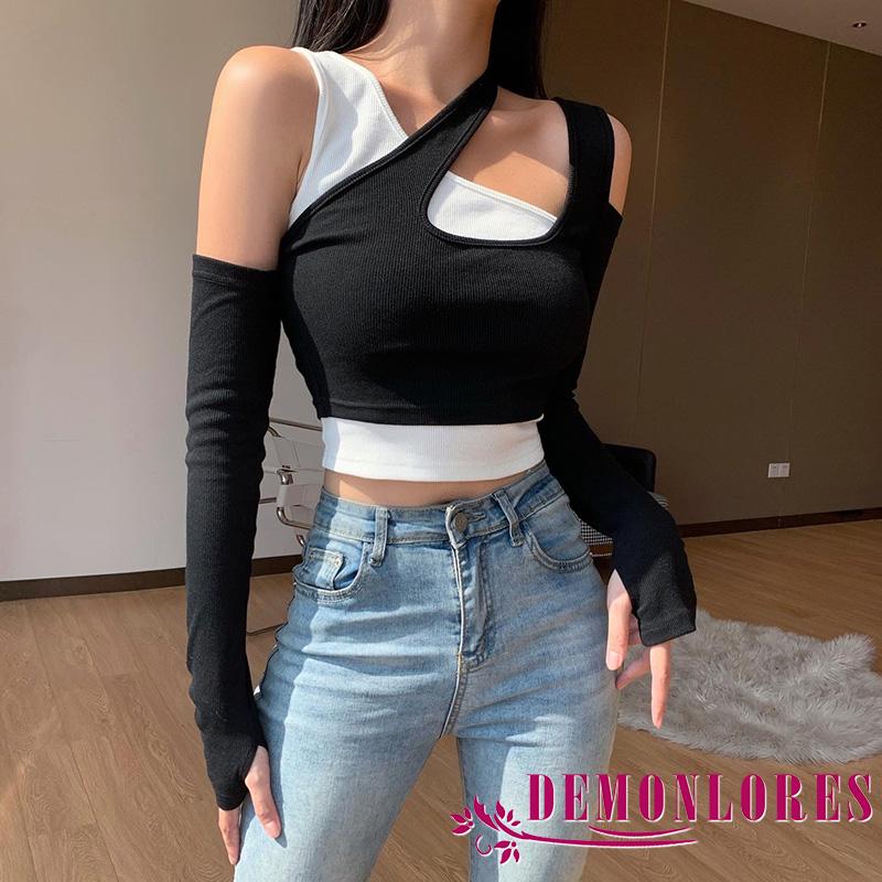 Áo Thun Croptop Nữ Tay Dài Khoét Vai Ôm Dáng Quyến Rũ