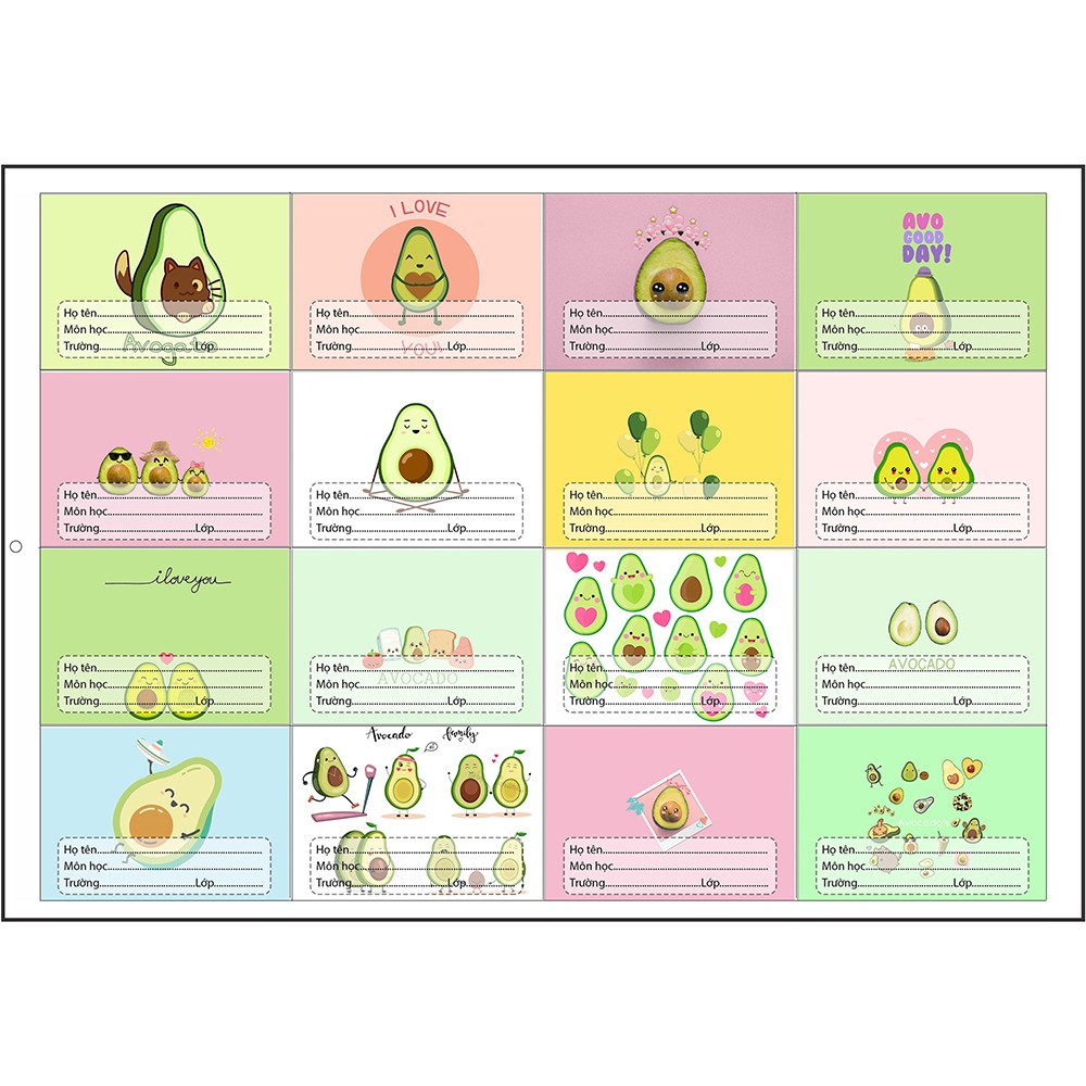 nhãn vở quả bơ avocado NV18 hoạt hình set 16 chiếc có keo dán sẵn