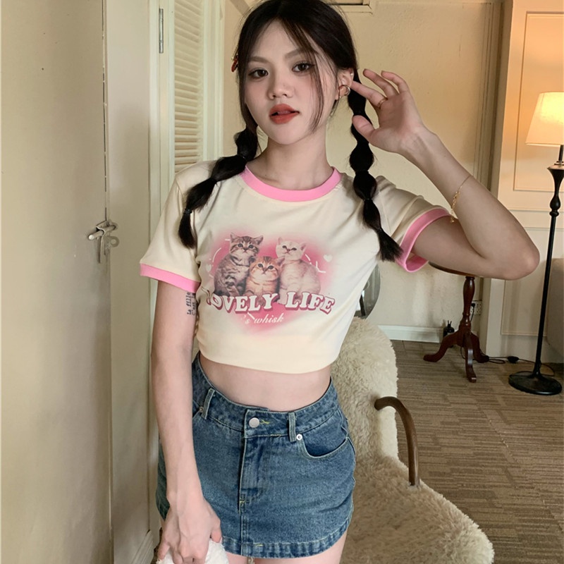 Áo Thun Tay Ngắn Hở Rốn Kiểu Dáng Dễ Thương Xinh Xắn