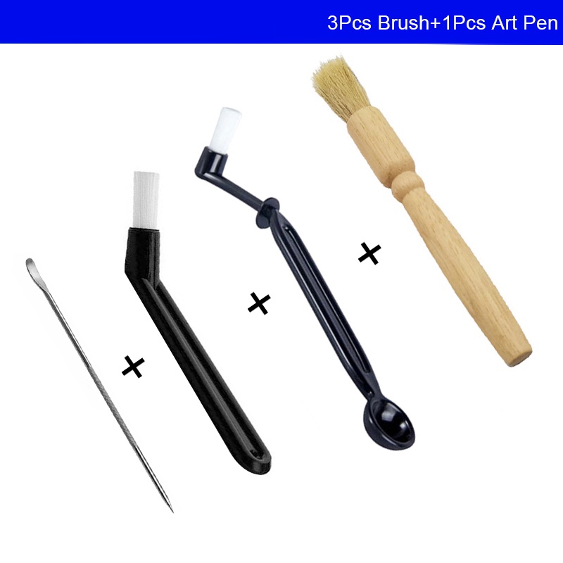 Set 4 Cọ Vệ Sinh Cà Phê Cán Gỗ + PP Kèm Muỗng Bằng Thép Không Gỉ