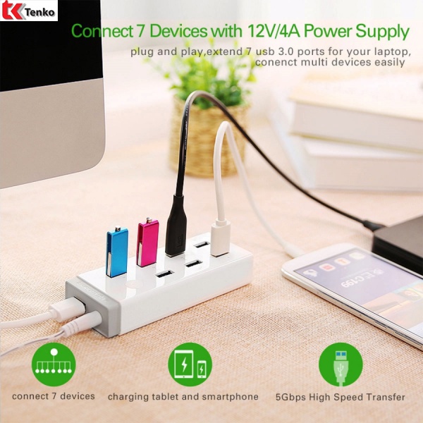 Bộ chia USB 7 Cổng USB 3.0 Ugreen 20296 (Có công Tắc và Nguồn 12V 2A) - Hàng Chính Hãng