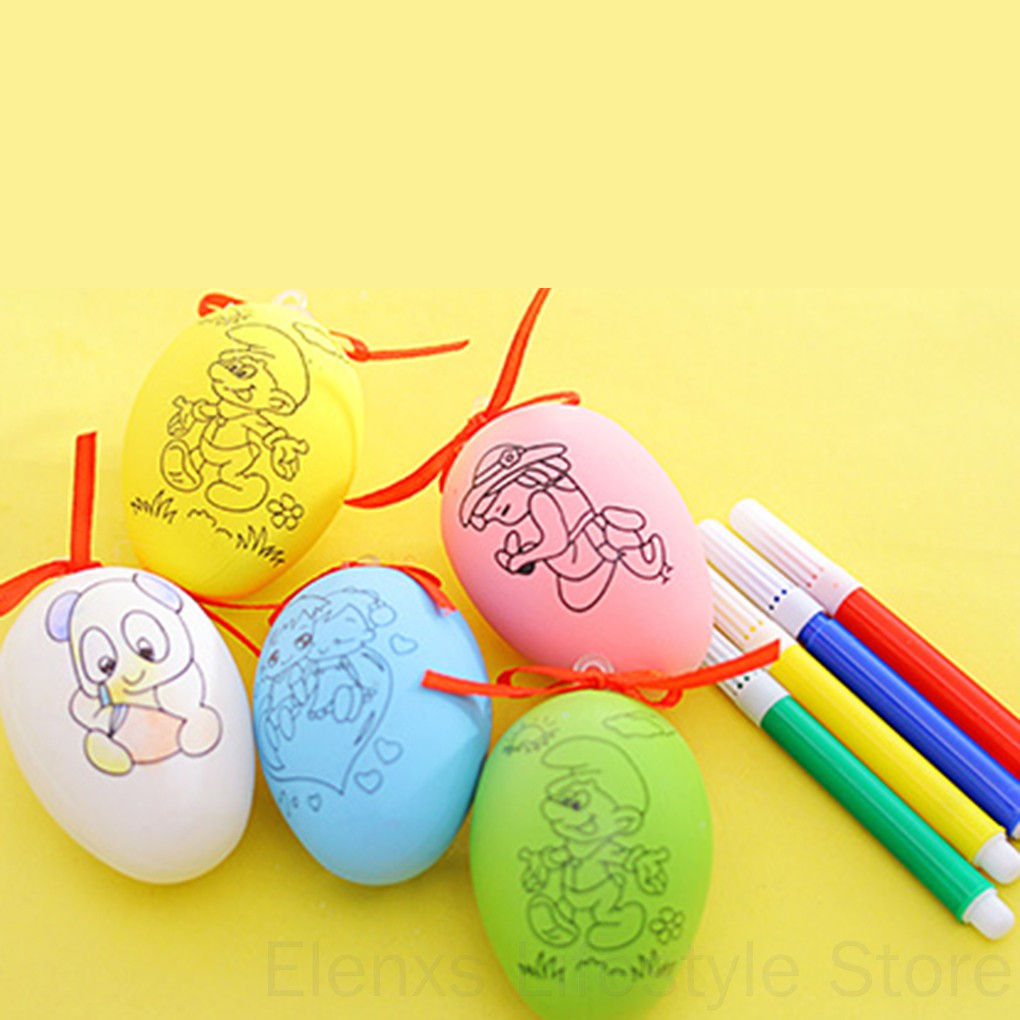 Easter Gift Plastic DIY Painting Egg Toy Party Favors with 4 Drawing Pens Ornament Random Color ELEN