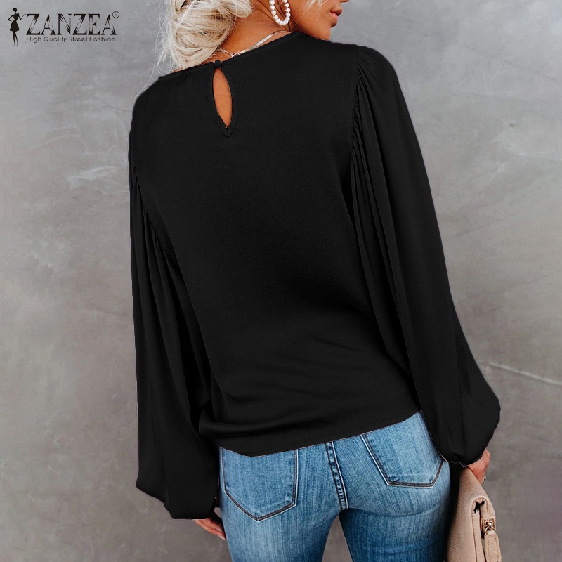 Áo kiểu Zanzea vải satin cổ tròn tay phồng dáng rộng thời trang dành cho nữ
