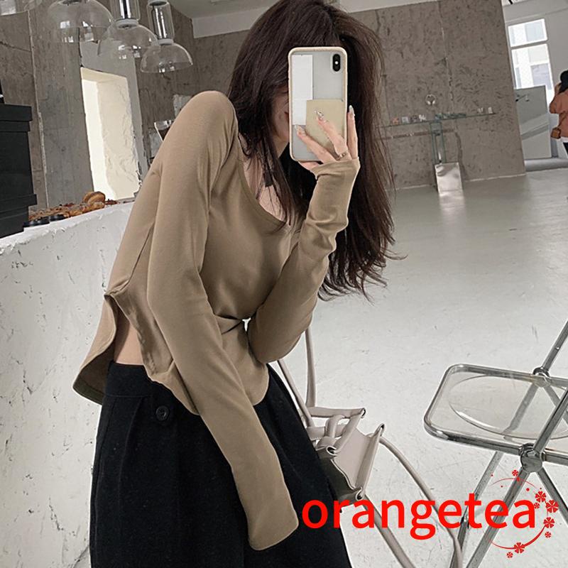 Áo thun tay dài màu trơn thiết kế độc đáo thời trang cho nữ