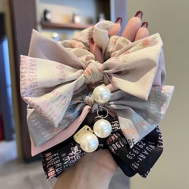 Dây Buộc Tóc Cao Su Co Giãn Phối Ruy Băng Đính Ngọc Trai Thời Trang Hàn Quốc Cho Nữ