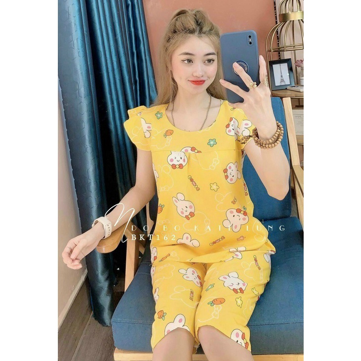 Đồ ngủ nữ lửng , set đồ nữ mẫu lửng họa tiết con thỏ siêu xinh chất liệu lụa mềm mại freesize dưới 58kg tùy chiều cao