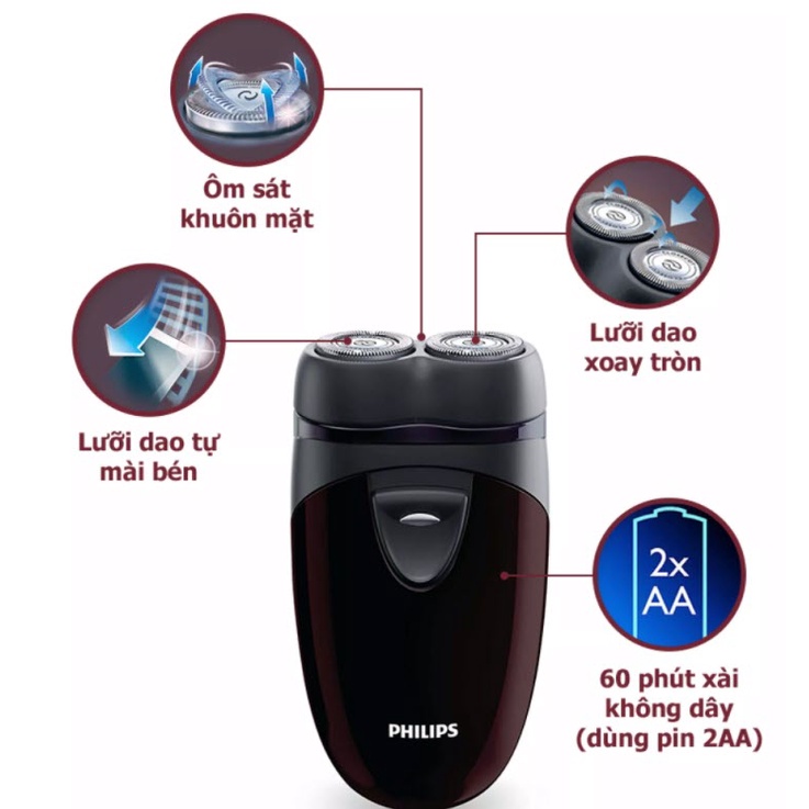 Máy cạo râu du lịch Philips PQ206 sử dụng pin AA, lưỡi tự mài sắc bén- Hàng chính hãng